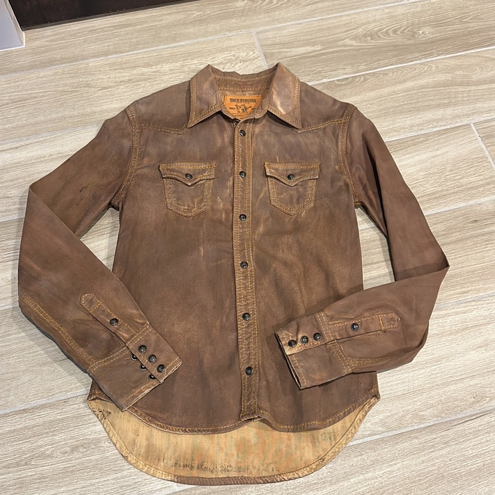 True Religion distressed brown coated denim shirt XS jean shirt snap buttons